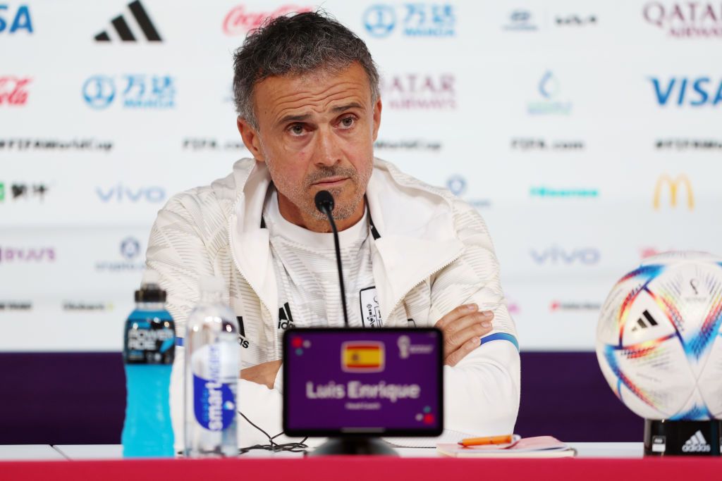 DOHA, QATAR - NOVEMBER 26: Luis Enrique, Head Coach of Spain, speaks during the Spain Press Conference at the Main Media Center on November 26, 2022 in Doha, Qatar. (Photo by Mohamed Farag/Getty Images)