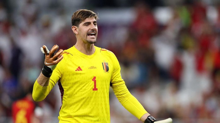 DOHA, QATAR - NOVEMBER 27: Thibaut Courtois of Belgium reacts during the FIFA World Cup Qatar 2022 Group F match between Belgium and Morocco at Al Thumama Stadium on November 27, 2022 in Doha, Qatar. (Photo by Elsa/Getty Images)