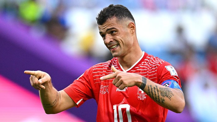 AL WAKRAH, QATAR - NOVEMBER 24: Granit Xhaka of Switzerland reacts during the FIFA World Cup Qatar 2022 Group G match between Switzerland and Cameroon at Al Janoub Stadium on November 24, 2022 in Al Wakrah, Qatar. (Photo by Stuart Franklin/Getty Images)