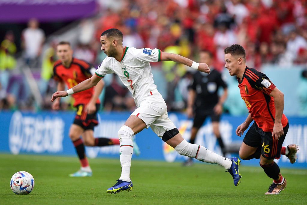 DOHA, QATAR - NOVEMBER 27: Hakim Ziyech of Morocco celebrates after the 2-0 win during the FIFA World Cup Qatar 2022 Group F match between Belgium and Morocco at Al Thumama Stadium on November 27, 2022 in Doha, Qatar. (Photo by Michael Regan - FIFA/FIFA via Getty Images)
