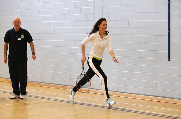 EDINBURGH, SCOTLAND - FEBRUARY 24:  Catherine, Duchess of Cambridge takes part in a tennis workshop with Andy Murray's mother Judy at Craigmount High School in Edinburgh on February 24, 2016 in Edinburgh, Scotland. (Photo by Andrew Milligan - WPA Pool/Getty Images)