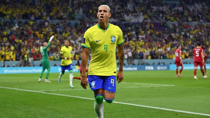 LUSAIL CITY, QATAR - NOVEMBER 24: Richarlison of Brazil celebrates after scoring their teams first goal during the FIFA World Cup Qatar 2022 Group G match between Brazil and Serbia at Lusail Stadium on November 24, 2022 in Lusail City, Qatar. (Photo by Justin Setterfield/Getty Images)