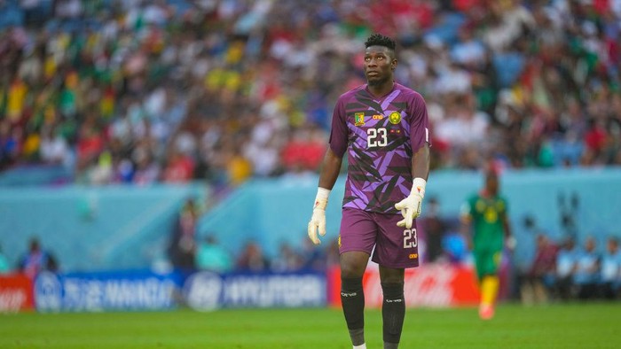 AL WAKRAH, QATAR - NOVEMBER 24: Andre Onana (Cameroon) looks on during the FIFA World Cup Qatar 2022 Group G match between Switzerland and Cameroon at Al Janoub Stadium on November 24, 2022 in Al Wakrah, Qatar. (Photo by Ulrik Pedersen/DeFodi Images via Getty Images)