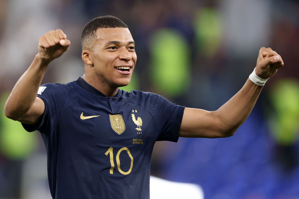 DOHA, QATAR - NOVEMBER 26: Kylian Mbappe of France celebrates as he scores the goal 2: during the FIFA World Cup Qatar 2022 Group D match between France and Denmark at Stadium 974 on November 26, 2022 in Doha, Qatar. (Photo by Stefan Matzke - sampics/Corbis via Getty Images)