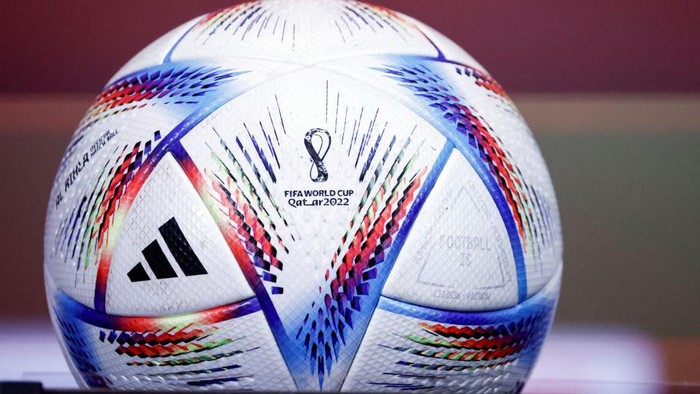 TOPSHOT - A view shows a ball with the logo of the Qatar 2022 World Cup at the Red Devils Base camp in Tubize, on November 14, 2022 (Photo by Kenzo TRIBOUILLARD / AFP) (Photo by KENZO TRIBOUILLARD/AFP via Getty Images)