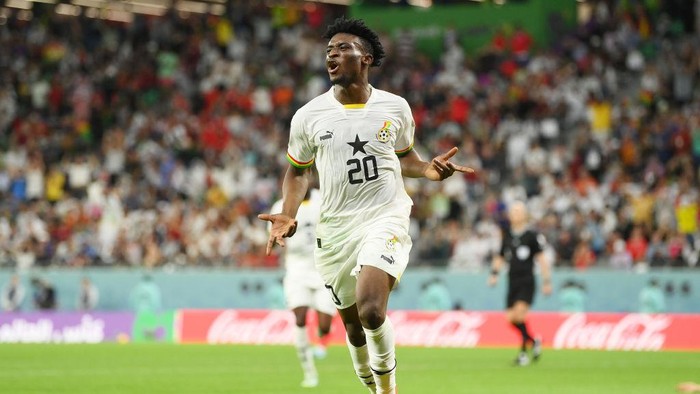 AL RAYYAN, QATAR - NOVEMBER 28: Mohammed Kudus of Ghana celebrates after scoring their teams third goal during the FIFA World Cup Qatar 2022 Group H match between Korea Republic and Ghana at Education City Stadium on November 28, 2022 in Al Rayyan, Qatar. (Photo by David Ramos - FIFA/FIFA via Getty Images)