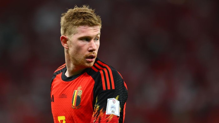 DOHA, QATAR - NOVEMBER 27:    Kevin de Bruyne of Belgium in action during the FIFA World Cup Qatar 2022 Group F match between Belgium and Morocco at Al Thumama Stadium on November 27, 2022 in Doha, Qatar. (Photo by Chris Brunskill/Fantasista/Getty Images)
