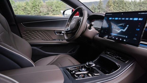 The interior of the BYD HAN EV is displayed as the Chinese electric-vehicle producer announces its expansion to the consumer market next year in Mexico, in Toluca, Mexico November 29, 2022. REUTERS/Toya Sarno Jordan