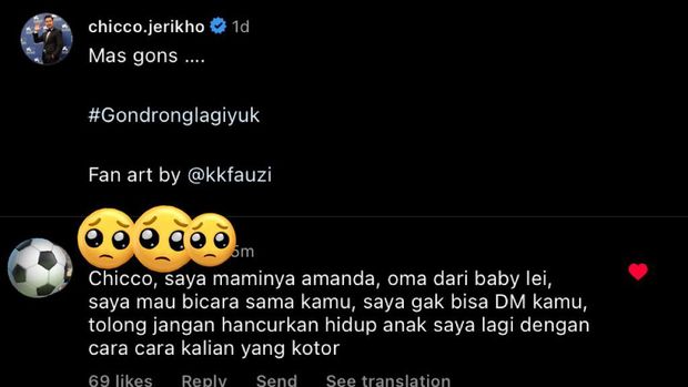 Tangkapan layar komentar Ibunda Amanda Zahra di Instagram Chicco Jerikho