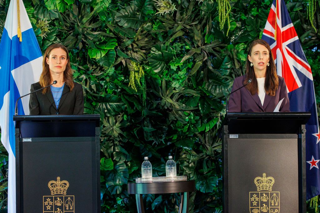 AUCKLAND, NEW ZEALAND - NOVEMBER 30: (L-R) Sanna Marin, Prime Minister of Finland and Prime Minster of New Zealand Jacinda Ardern speaking at a media conference on November 30, 2022 in Auckland, New Zealand. Marin is in New Zealand for a three-day visit, which comes after Ardern's government signed a free trade agreement with the European Union. (Photo by Dave Rowland/Getty Images)