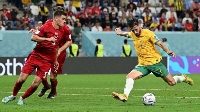 AL WAKRAH, QATAR - NOVEMBER 30: Aziz Behich of Australia celebrates his side's 1-0 victory in the FIFA World Cup Qatar 2022 Group D match between Australia and Denmark at Al Janoub Stadium on November 30, 2022 in Al Wakrah, Qatar. (Photo by Hector Vivas - FIFA/FIFA via Getty Images)