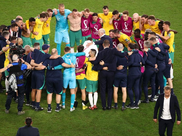 AL WAKRAH, QATAR - NOVEMBER 30: Aziz Behich of Australia celebrates his side's 1-0 victory in the FIFA World Cup Qatar 2022 Group D match between Australia and Denmark at Al Janoub Stadium on November 30, 2022 in Al Wakrah, Qatar. (Photo by Hector Vivas - FIFA/FIFA via Getty Images)