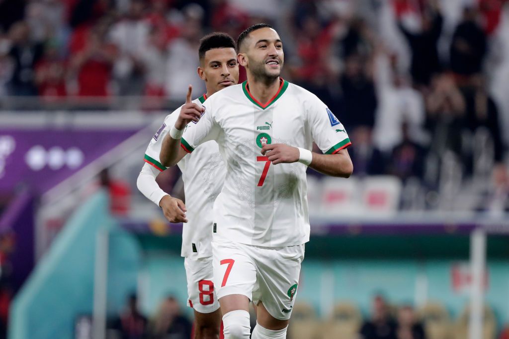DOHA, QATAR - DECEMBER 1: Hakim Ziyech of Morocco celebrates 0-1 during the  World Cup match between Canada  v Morocco at the Al Thumama Stadium on December 1, 2022 in Doha Qatar (Photo by Jeroen van den Berg/Soccrates/Getty Images)