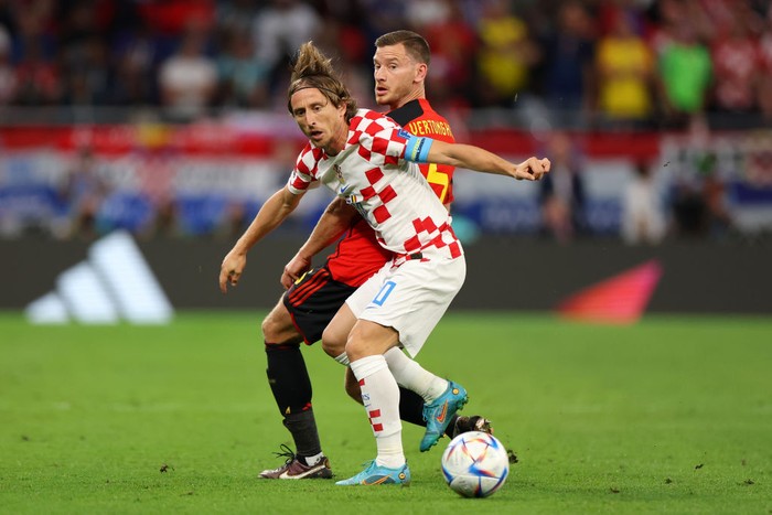 DOHA, QATAR - DECEMBER 01: Luka Modric of Croatia battles for possession with Jan Vertonghen of Belgium during the FIFA World Cup Qatar 2022 Group F match between Croatia and Belgium at Ahmad Bin Ali Stadium on December 01, 2022 in Doha, Qatar. (Photo by Francois Nel/Getty Images)