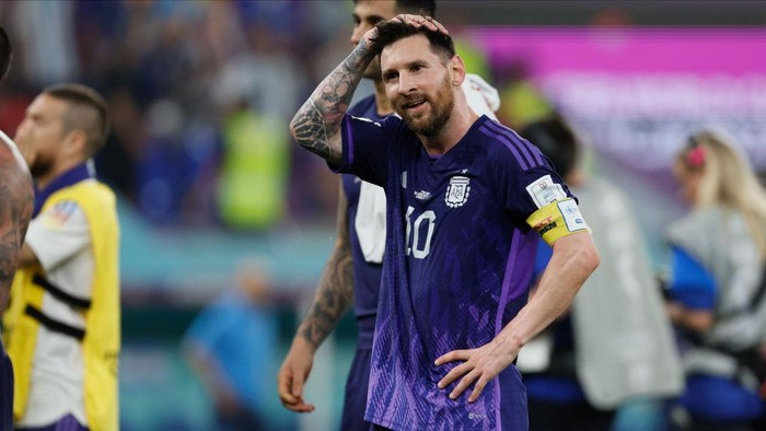 DOHA, QATAR - NOVEMBER 30: Lionel Messi of Argentina celebrating after the FIFA World Cup Qatar 2022 Group C match between Poland and Argentina at Stadium 974 on November 30, 2022 in Doha, Qatar. (Photo by Richard Sellers/Getty Images)