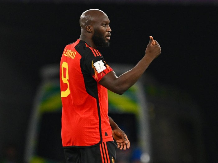 Belgium's forward #09 Romelu Lukaku gestures during the Qatar 2022 World Cup Group F football match between Croatia and Belgium at the Ahmad Bin Ali Stadium in Al-Rayyan, west of Doha on December 1, 2022. (Photo by GABRIEL BOUYS / AFP) (Photo by GABRIEL BOUYS/AFP via Getty Images)