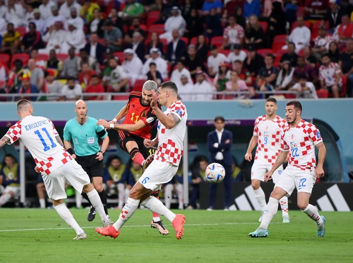 Belgium's forward #09 Romelu Lukaku gestures during the Qatar 2022 World Cup Group F football match between Croatia and Belgium at the Ahmad Bin Ali Stadium in Al-Rayyan, west of Doha on December 1, 2022. (Photo by GABRIEL BOUYS / AFP) (Photo by GABRIEL BOUYS/AFP via Getty Images)