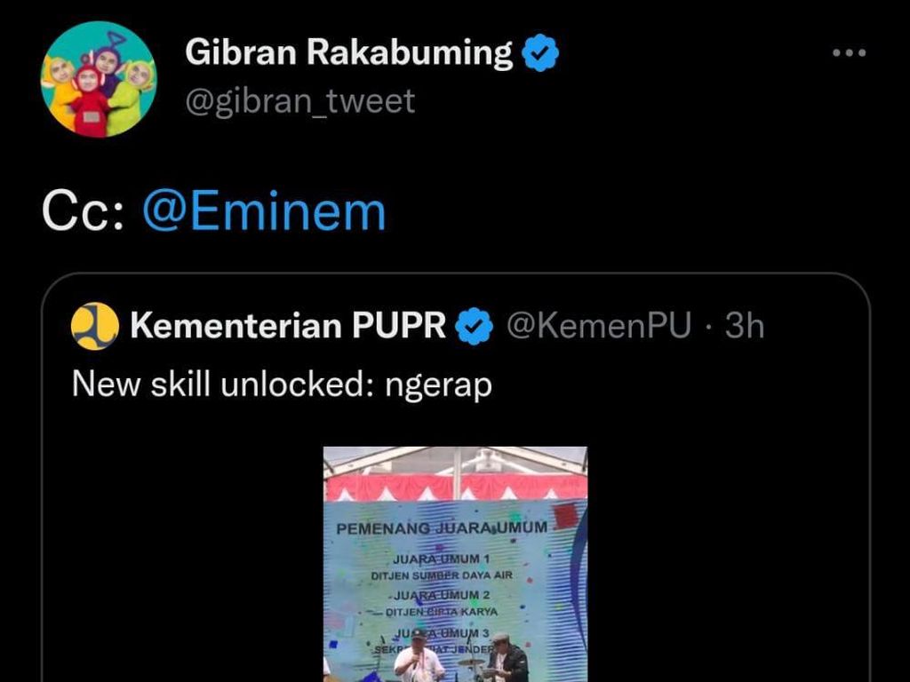 Respons Kocak Gibran di Video Menteri Basuki Ngerap: Di-CC ke Eminem!