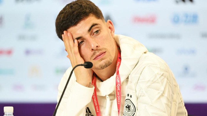 Kai Havertz AL KHOR, QATAR - DECEMBER 01: Kai Havertz of Germany speaks to the media in the post match press conference after their side's elimination from the tournament during the FIFA World Cup Qatar 2022 Group E match between Costa Rica and Germany at Al Bayt Stadium on December 01, 2022 in Al Khor, Qatar. (Photo by Shaun Botterill - FIFA/FIFA via Getty Images)