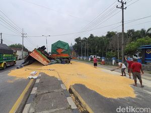 Terobos Razia di Jembatan Timbang Mojokerto, Truk Muat Jagung Terguling Terobos Razia di Jembatan Timbang Mojokerto, Truk Muat Jagung Terguling