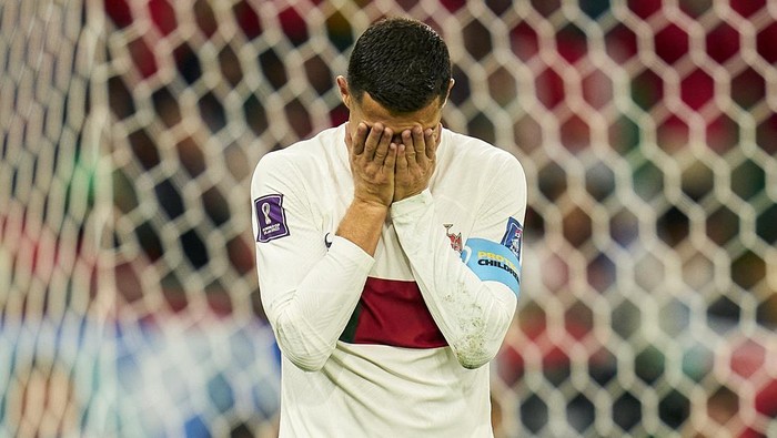 AL RAYYAN, QATAR - DECEMBER 02: Cristiano Ronaldo of Portugal reacts during the FIFA World Cup Qatar 2022 Group H match between Korea Republic and Portugal at Education City Stadium on December 02, 2022 in Al Rayyan, Qatar. (Photo by Quality Sport Images/Getty Images)