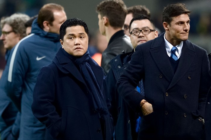 GIUSEPPE MEAZZA STADIUM, MILAN, ITALY - 2017/02/26: Erick Thohir and Javier Zanetti looks on before the Serie A football match between FC Internazionale and AS Roma. AS Roma wins 3-1 over FC Internazionale. (Photo by Nicolò Campo/LightRocket via Getty Images)