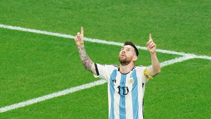 DOHA, QATAR - DECEMBER 03: Lionel Messi of Argentina celebrates after scoring the teams first goal during the FIFA World Cup Qatar 2022 Round of 16 match between Argentina and Australia at Ahmad Bin Ali Stadium on December 3, 2022 in Doha, Qatar. (Photo by Khalil Bashar/Jam Media/Getty Images)