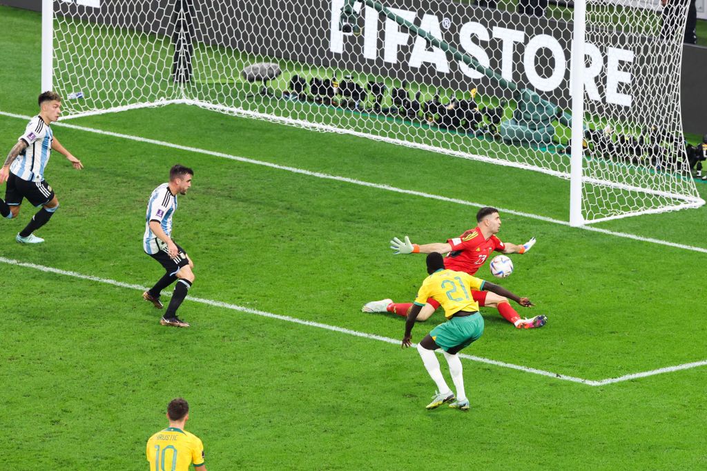 DOHA, QATAR - DECEMBER 03: Emiliano Martinez celebrates after Lionel Messi of Argentina (not pictured) scored their sides first goal during the FIFA World Cup Qatar 2022 Round of 16 match between Argentina and Australia at Ahmad Bin Ali Stadium on December 03, 2022 in Doha, Qatar. (Photo by Alex Grimm/Getty Images)