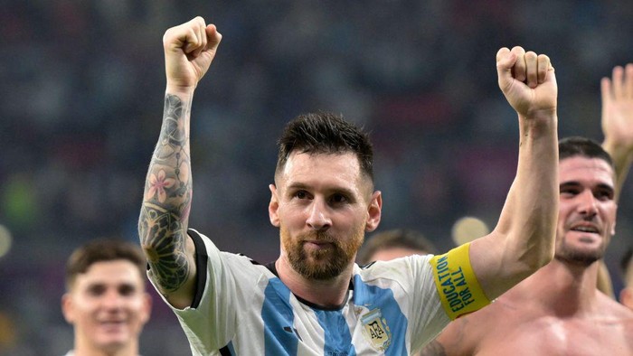 Argentinas forward #10 Lionel Messi celebrates after his team won the Qatar 2022 World Cup round of 16 football match between Argentina and Australia at the Ahmad Bin Ali Stadium in Al-Rayyan, west of Doha on December 3, 2022. (Photo by JUAN MABROMATA / AFP) (Photo by JUAN MABROMATA/AFP via Getty Images)