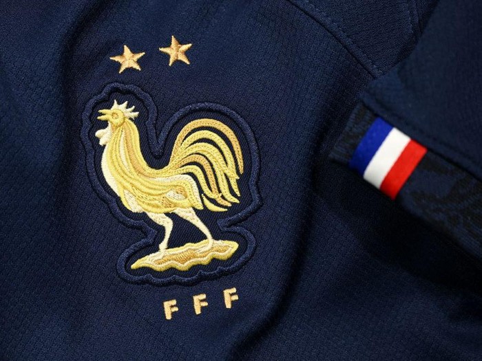 A picture taken on November 8, 2022 in Paris, shows the logo on a jersey of the France national football team for the Football FIFA World Cup 2022 in Qatar. (Photo by FRANCK FIFE / AFP) (Photo by FRANCK FIFE/AFP via Getty Images)
