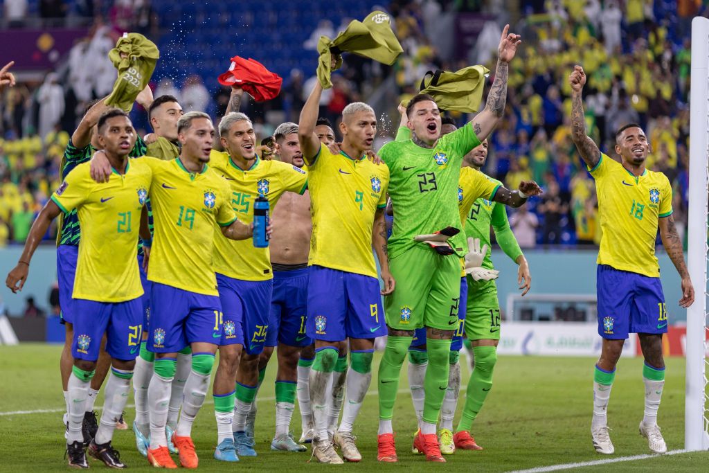 DOHA, QATAR - NOVEMBER 28: Brazil celebrate at full-time during the FIFA World Cup Qatar 2022 Group G match between Brazil (1) and Switzerland (0) at Stadium 974 on November 28, 2022 in Doha, Qatar. (Photo by Simon Bruty/Anychance/Getty Images)