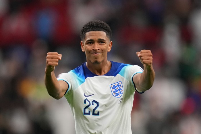 AL KHOR, QATAR - DECEMBER 04: Jude Bellingham of England celebrates following his team's victory in the FIFA World Cup Qatar 2022 Round of 16 match between England and Senegal at Al Bayt Stadium on December 04, 2022 in Al Khor, Qatar. (Photo by Marc Atkins/Getty Images)