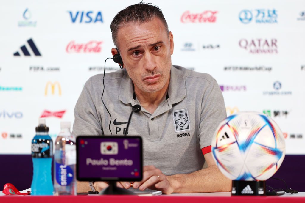 DOHA, QATAR - DECEMBER 01: Paulo Bento, Head Coach of Korea Republic, speaks during the Korea Republic Press Conference at the Main Media Center on December 01, 2022 in Doha, Qatar. (Photo by Mohamed Farag/Getty Images)