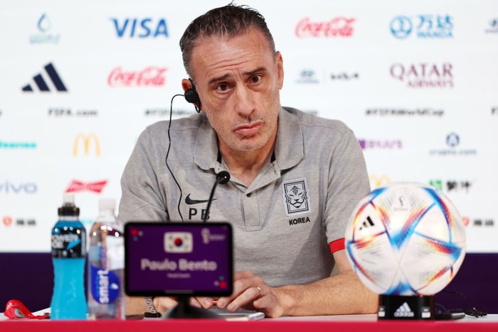 DOHA, QATAR - DECEMBER 01: Paulo Bento, Head Coach of Korea Republic, speaks during the Korea Republic Press Conference at the Main Media Center on December 01, 2022 in Doha, Qatar. (Photo by Mohamed Farag/Getty Images)
