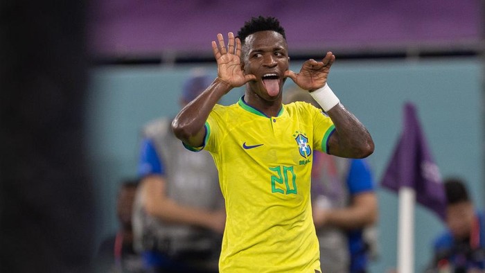DOHA, QATAR - NOVEMBER 28: Vinicius Jr of Brazil celebrates scoring a goal for it to be subsequently disallowed by VAR during the FIFA World Cup Qatar 2022 Group G match between Brazil (1) and Switzerland (0) at Stadium 974 on November 28, 2022 in Doha, Qatar. (Photo by Simon Bruty/Anychance/Getty Images)