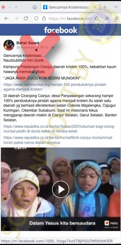 Unggahan Bahar Saeed yang menyebut adanya isu kristenisasi di Cianjur.