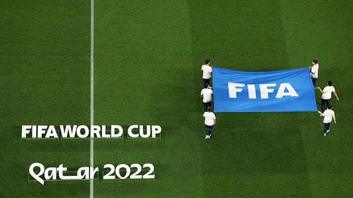 DOHA, QATAR - DECEMBER 05: FIFA World Cup logos and flag are seen prior to the FIFA World Cup Qatar 2022 Round of 16 match between Brazil and South Korea at Stadium 974 on December 05, 2022 in Doha, Qatar. (Photo by Patrick Smith - FIFA/FIFA via Getty Images)