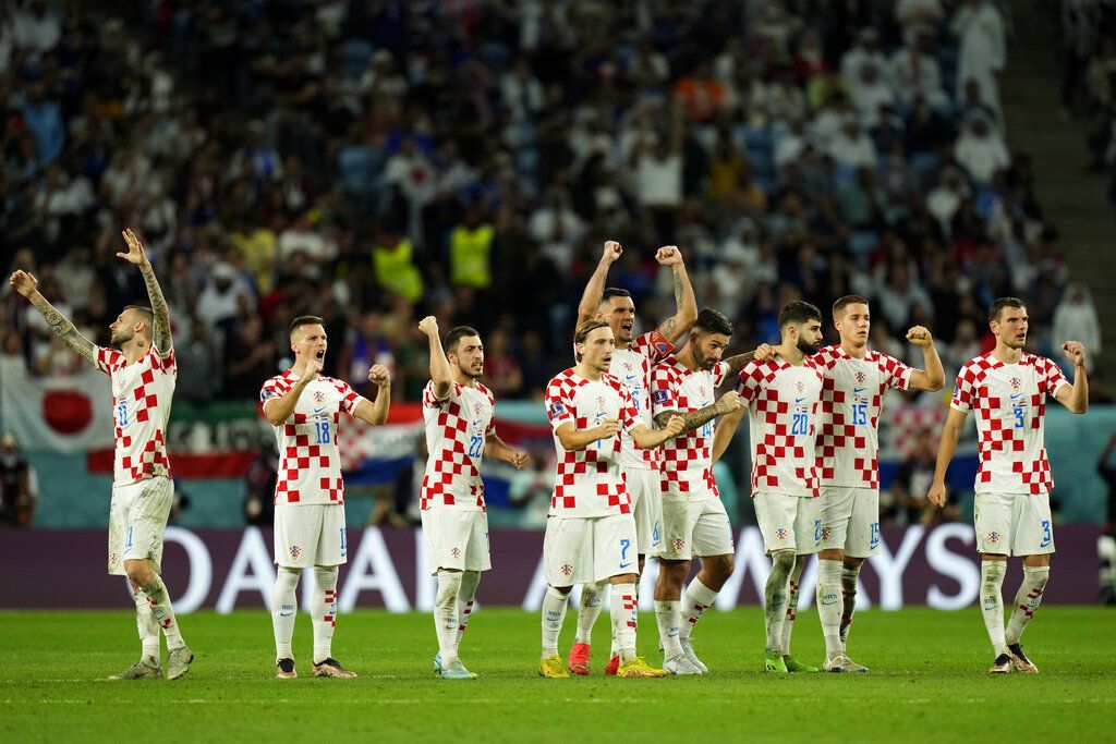 Croatian celebrate after scoring the first penalty during the World Cup round of 16 soccer match between Japan and Croatia at the Al Janoub Stadium in Al Wakrah, Qatar, Monday, Dec. 5, 2022. (AP Photo/Francisco Seco)