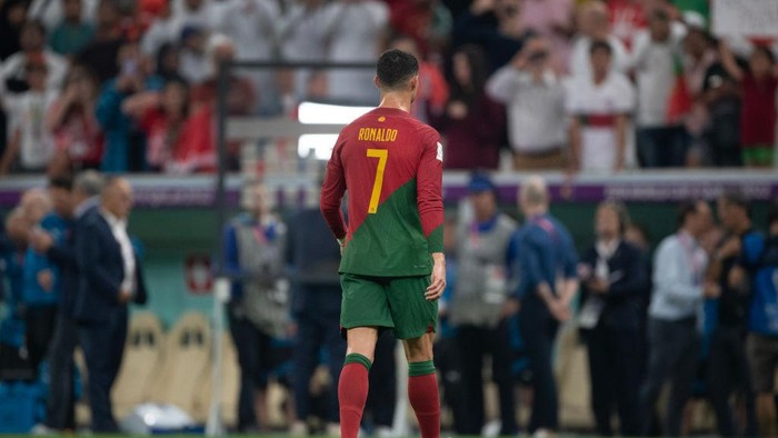 LUSAIL CITY, QATAR - DECEMBER 06: Cristiano Ronaldo of Portugal walks off after the FIFA World Cup Qatar 2022 Round of 16 match between Portugal and Switzerland at Lusail Stadium on December 6, 2022 in Lusail City, Qatar. (Photo by Visionhaus/Getty Images)