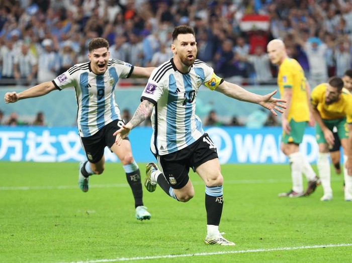DOHA, QATAR - DECEMBER 03: Lionel Messi of Argentina- celebrates after scoring the team's first goal during the FIFA World Cup Qatar 2022 Round of 16 match between Argentina and Australia at Ahmad Bin Ali Stadium on December 03, 2022 in Doha, Qatar. (Photo by Francois Nel/Getty Images)