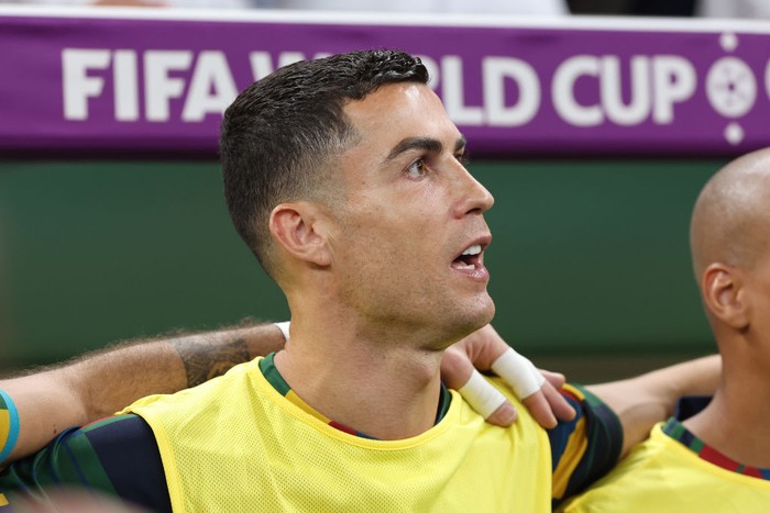 LUSAIL CITY, QATAR - DECEMBER 06: Cristiano Ronaldo of Portugal looks on before the FIFA World Cup Qatar 2022 Round of 16 match between Portugal and Switzerland at Lusail Stadium on December 6, 2022 in Lusail City, Qatar. (Photo by Richard Sellers/Getty Images)