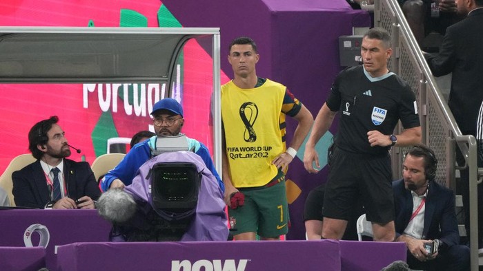 LUSAIL CITY, QATAR - DECEMBER 06: Cristiano Ronaldo of Portugal looks on before the FIFA World Cup Qatar 2022 Round of 16 match between Portugal and Switzerland at Lusail Stadium on December 6, 2022 in Lusail City, Qatar. (Photo by Richard Sellers/Getty Images)