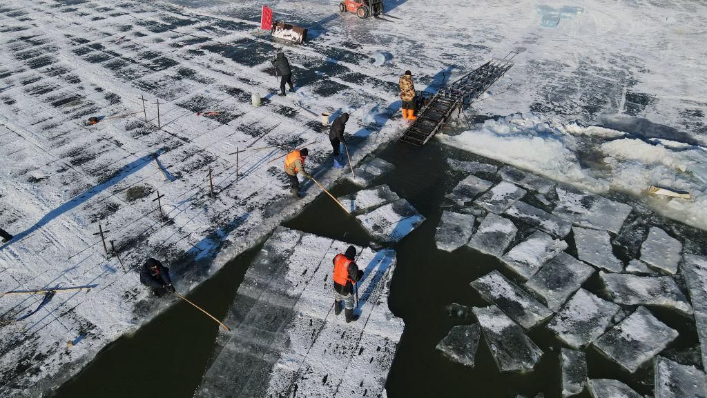 Penampakan Es Batu yang Diambil dari Sungai Songhua China