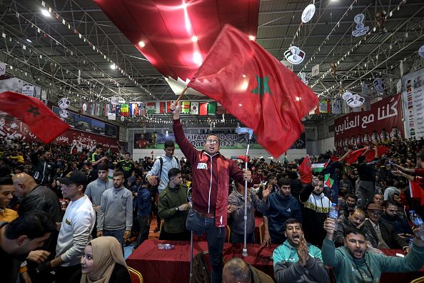 Palestinians fans watch the match between Morocco and Spain during the Qatar 2022 World Cup football in Gaza City, on December 6,2022. (Photo by Sameh Rahmi/NurPhoto via Getty Images)