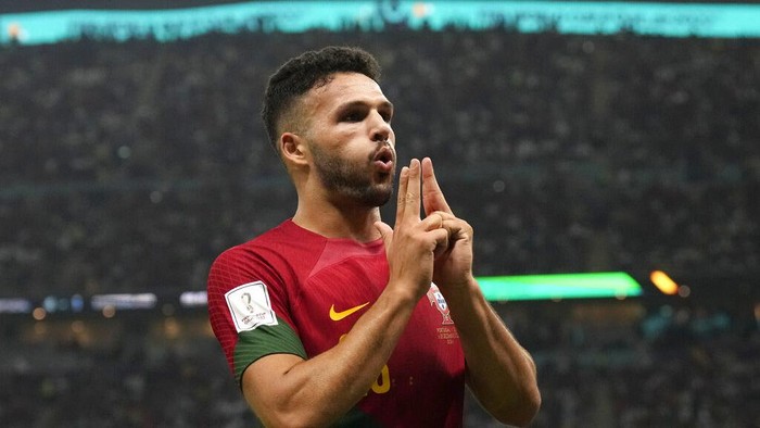 Portugals Goncalo Ramos celebrates after scoring his sides fifth goal during the World Cup round of 16 soccer match between Portugal and Switzerland, at the Lusail Stadium in Lusail, Qatar, Tuesday, Dec. 6, 2022. (AP Photo/Alessandra Tarantino)