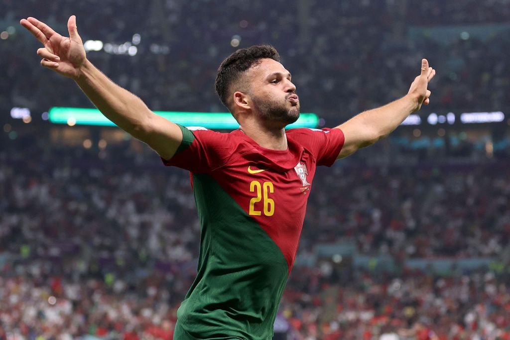 LUSAIL CITY, QATAR - DECEMBER 06: Goncalo Ramos of Portugal celebrates after scoring the team's fifth goal   during the FIFA World Cup Qatar 2022 Round of 16 match between Portugal and Switzerland at Lusail Stadium on December 6, 2022 in Lusail City, Qatar. (Photo by Igor Kralj/Pixsell/MB Media/Getty Images)