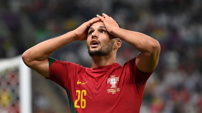 LUSAIL CITY, QATAR - DECEMBER 06: Goncalo Ramos of Portugal reacts after a missed chance  during the FIFA World Cup Qatar 2022 Round of 16 match between Portugal and Switzerland at Lusail Stadium on December 06, 2022 in Lusail City, Qatar. (Photo by Justin Setterfield/Getty Images)