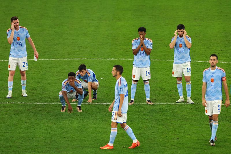 AL RAYYAN, QATAR - DECEMBER 06: Spain players react after the penalty shootout loss during the FIFA World Cup Qatar 2022 Round of 16 match between Morocco and Spain at Education City Stadium on December 06, 2022 in Al Rayyan, Qatar. (Photo by Patrick Smith - FIFA/FIFA via Getty Images)