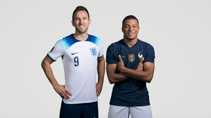 (EDITORS NOTE:THIS IMAGE HAS BEEN RETOUCHED) In this composite image, a comparison has been made between (L-R) Harry Kane of England and Kylian Mbappe of France who are posing during the official FIFA World Cup 2022 portrait sessions. England and France meet in one of the quarter finals of the FIFA World Cup 2022. (Photo by FIFA/FIFA via Getty Images)
