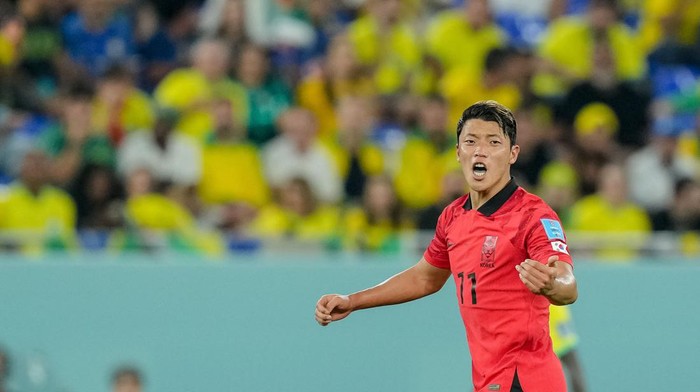 DOHA, QATAR - DECEMBER 05: Heechan Hwang of South Korea gestures during the FIFA World Cup Qatar 2022 Round of 16 match between Brazil and South Korea at Stadium 974 on December 5, 2022 in Doha, Qatar. (Photo by Mohammad Karamali/DeFodi Images via Getty Images)